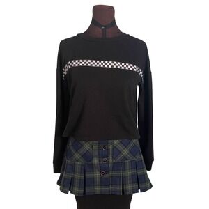90s Black Checkerboard Stripe Long Sleeve Skater Top Cropped Y2K Size S